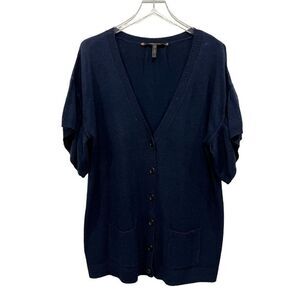BCBG Max Azria Sz L Lambswool Cardigan Flutter Short Sleeve V-neck Sweater Navy